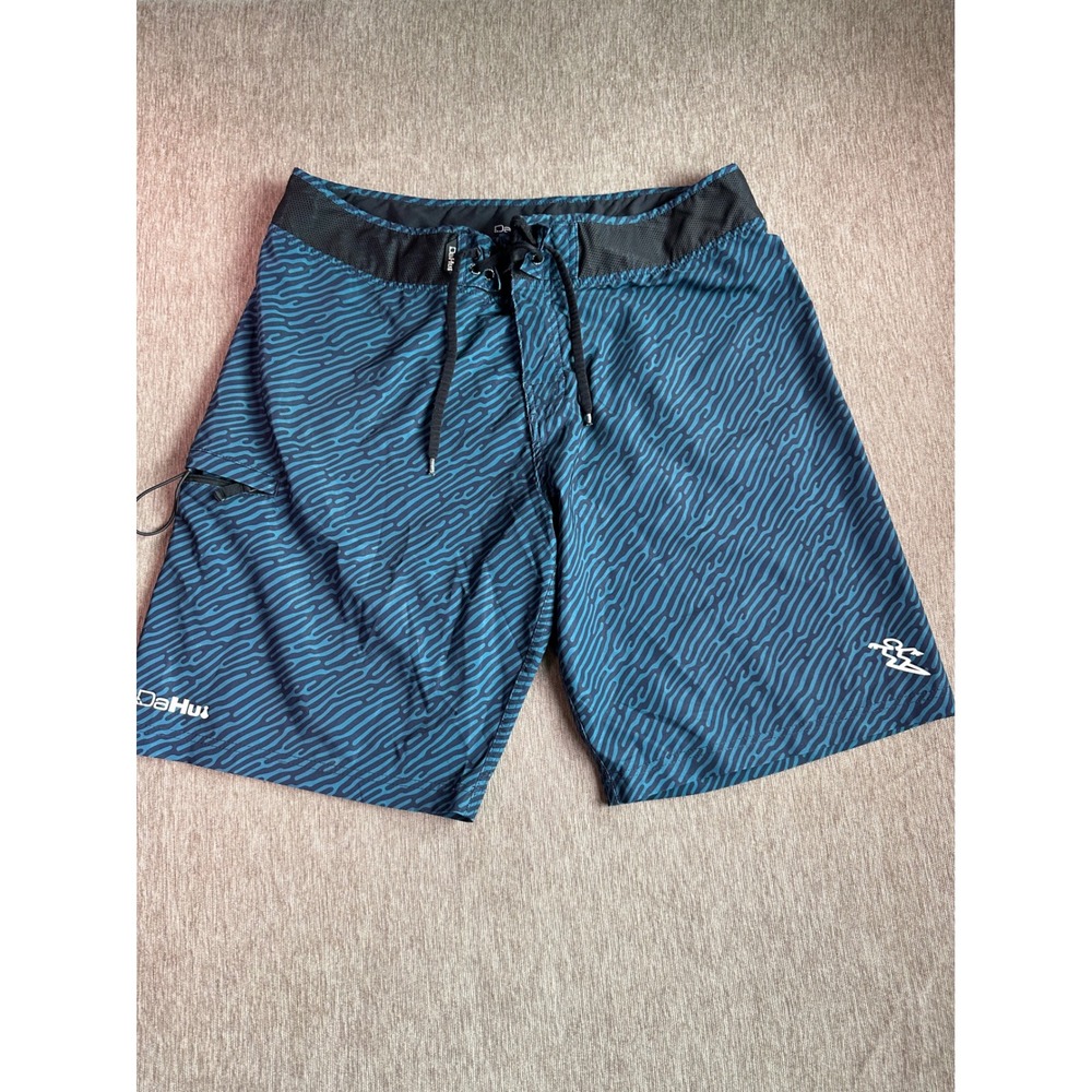 Da Hui Mens Blue Wave Print Board Shorts Swim Trunks Size 38 Pocket Stretch